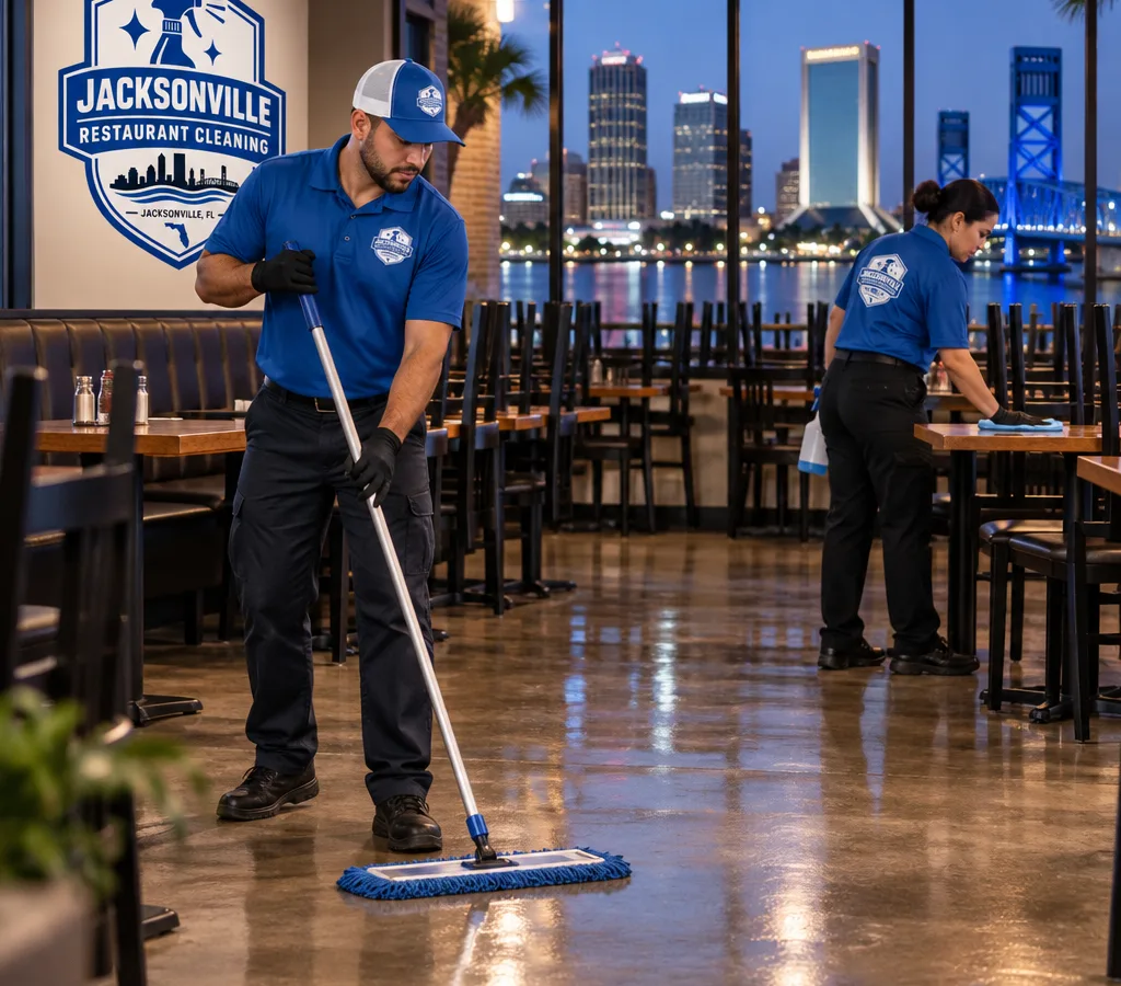 After-hours commercial cleaner mopping a restaurant dining room while another technician wipes tables and chair legs