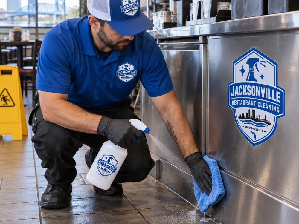 Technician detailing a restaurant service station splash zone, grout line, and surrounding floor edge