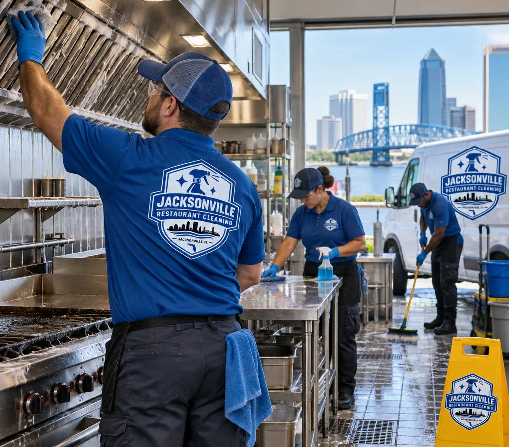 Commercial cleaners deep-cleaning a restaurant kitchen line, stainless prep tables, hood area, and floor