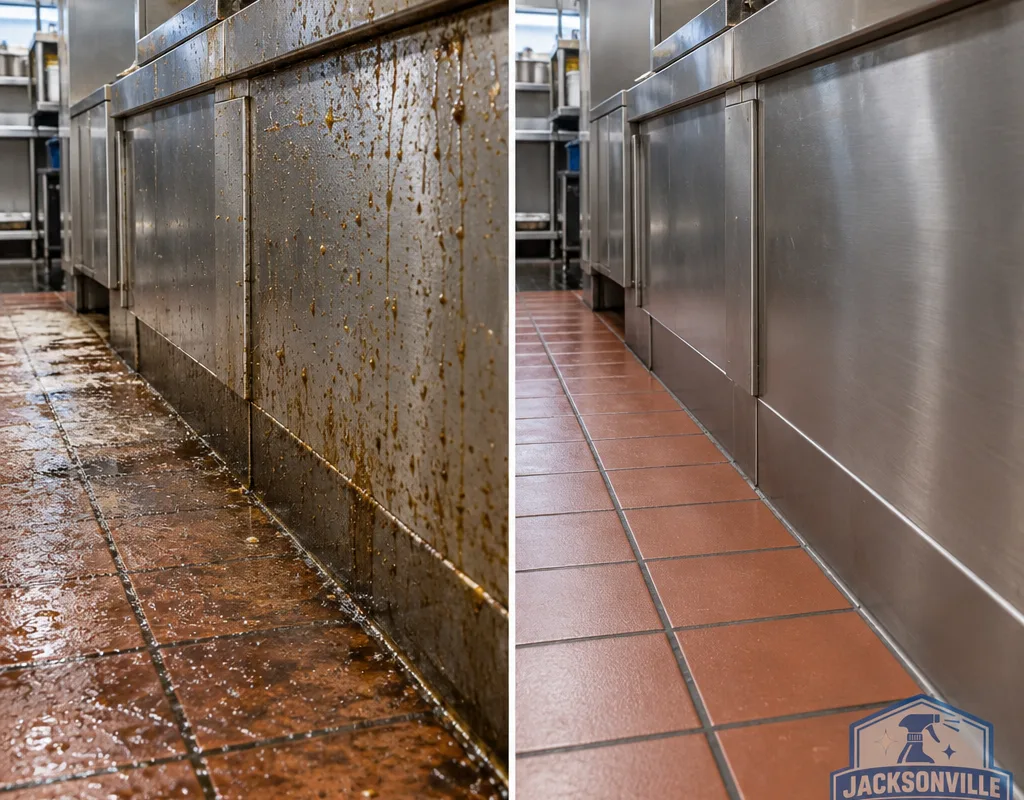 Before and after comparison of a fryer line wall and floor edge following degreasing