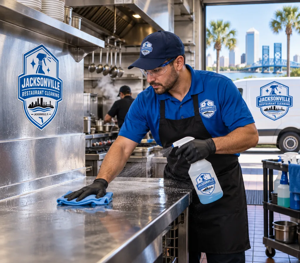 Professional cleaner in PPE detailing stainless prep tables and backsplash in a working restaurant kitchen