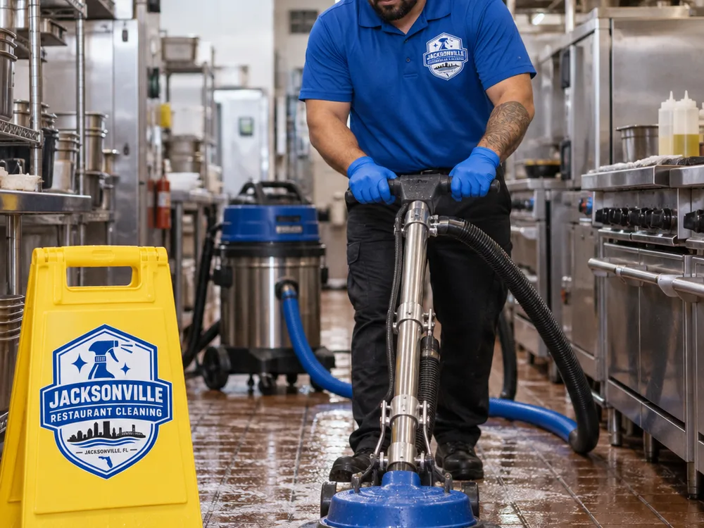Technician using a floor scrubber and wet vacuum recovery in a commercial kitchen aisle