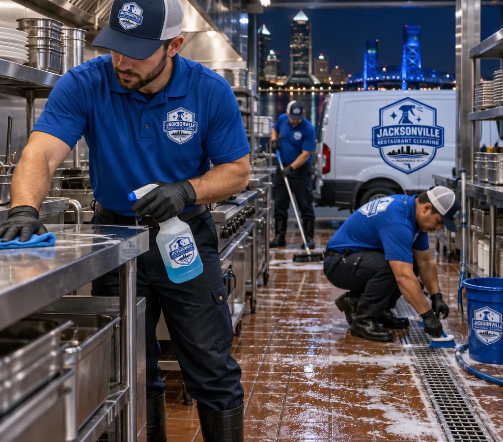 Night-time technicians deep cleaning a stainless prep line, floor drains, and baseboards in a Jacksonville restaurant kitchen