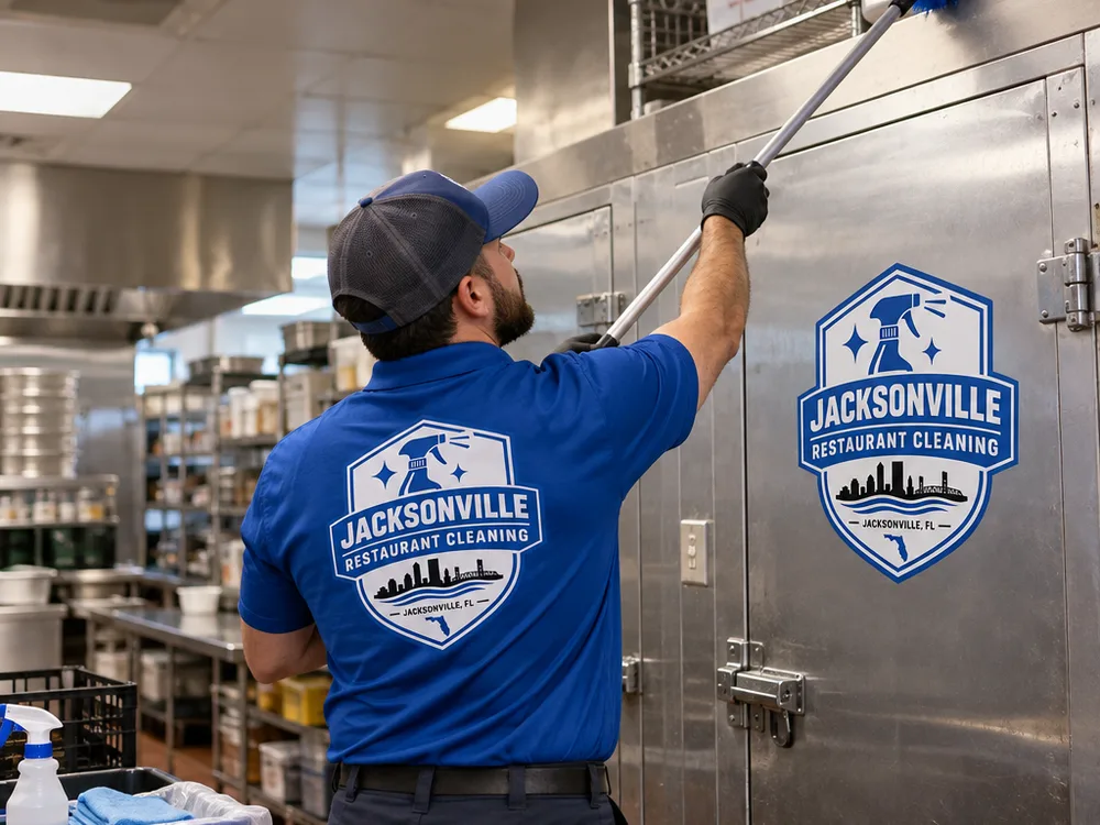 Technician performing contained high dusting above a walk-in cooler and overhead ledges in a commercial kitchen