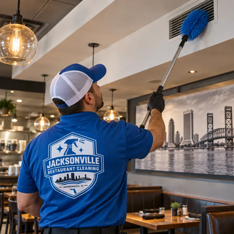 Technician high dusting restaurant vents, upper ledges, and ceiling corners