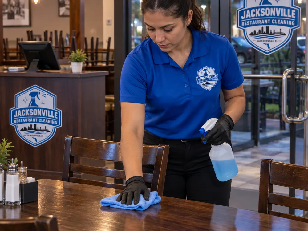 Cleaner sanitizing restaurant dining tables and chair backs after hours