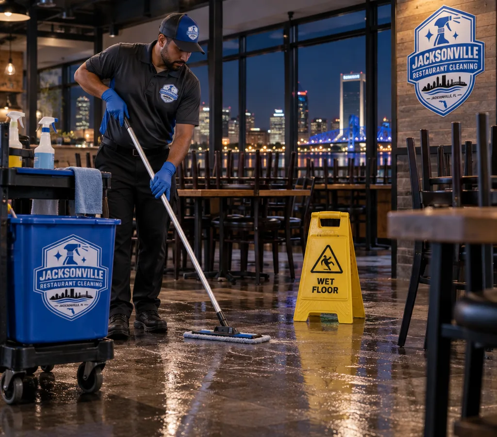 Janitorial technician cleaning and sanitizing a closed restaurant dining area at night with chairs raised and professional equipment visible