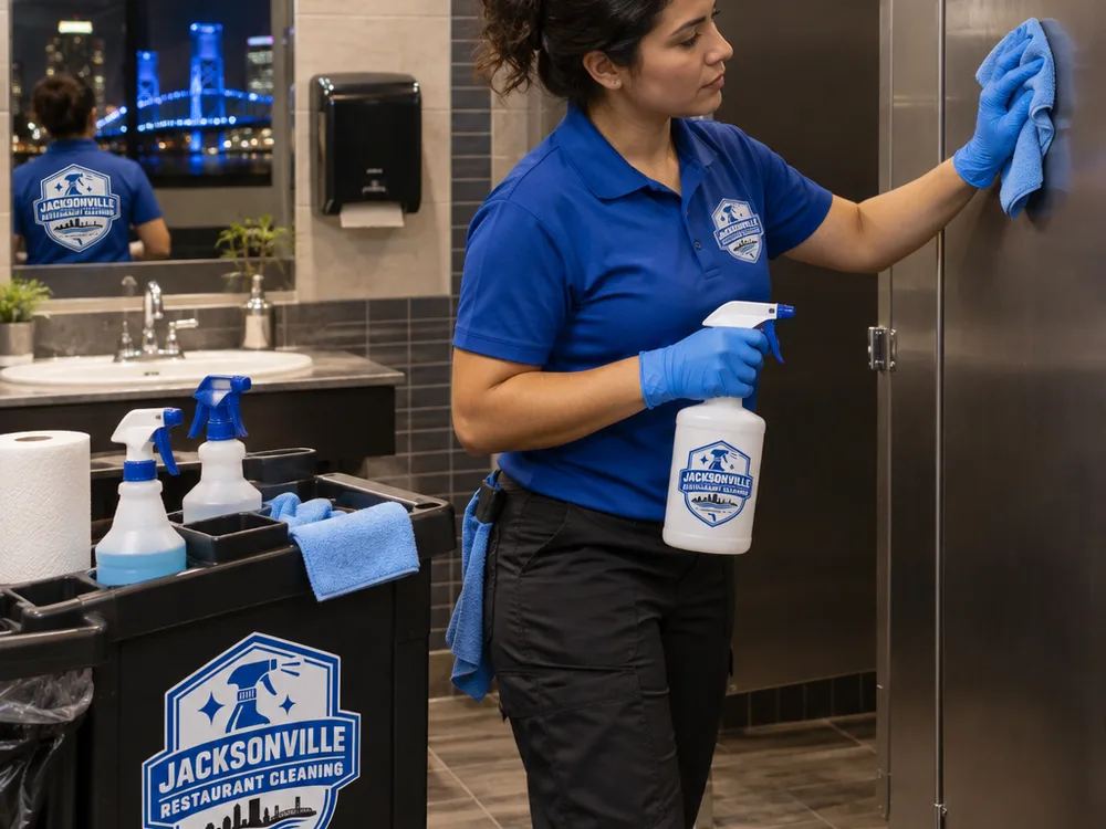Cleaner detailing a commercial restaurant restroom at night using labeled bottles and microfiber cloths