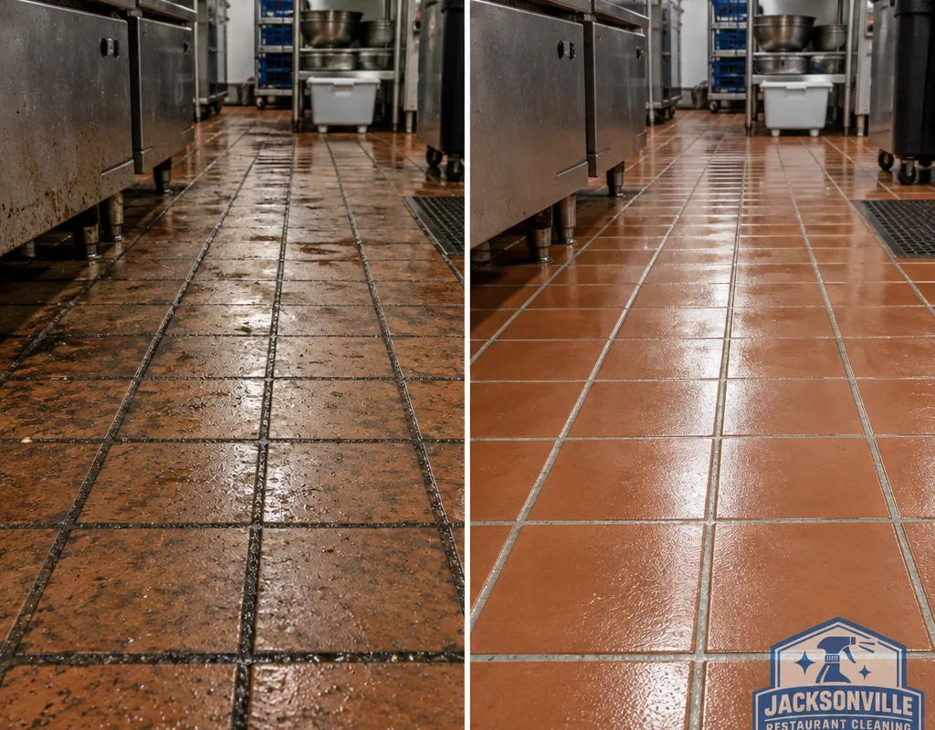Before and after comparison of greasy dark grout and cleaned commercial kitchen tile flooring