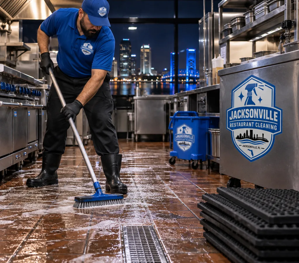 Technician scrubbing a wet degreased tile floor near a drain in a Jacksonville commercial kitchen at night