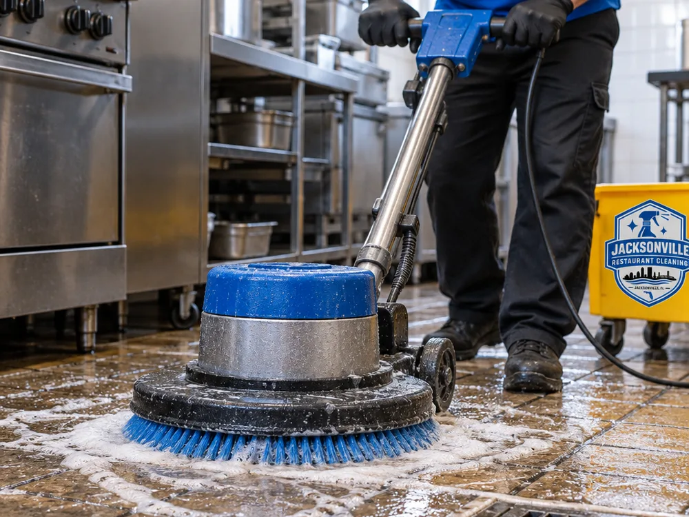 Rotary scrubber agitating a greasy commercial kitchen tile floor and grout near a floor drain