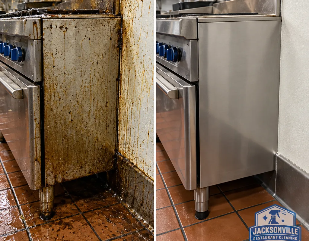 Before-and-after view of a greasy cook line panel and wall base restored through degreasing and detail cleaning
