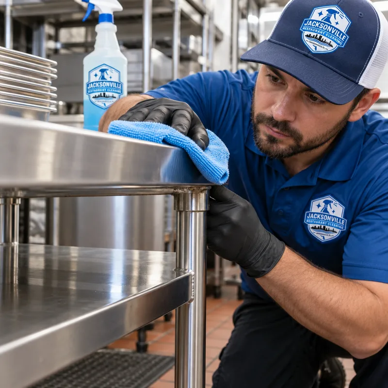 Clean stainless prep table edge and under-shelf seams with residue and streaking removed