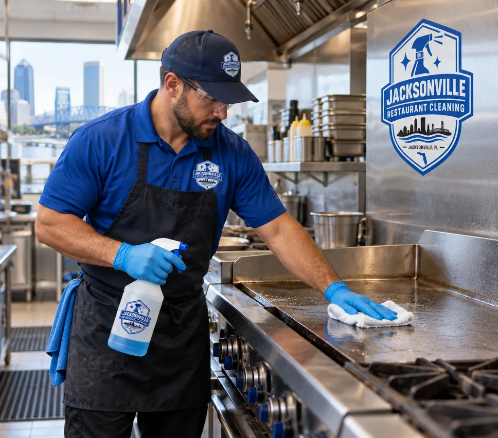 Technician in PPE cleaning grease-prone stainless equipment and work surfaces along a commercial restaurant kitchen line