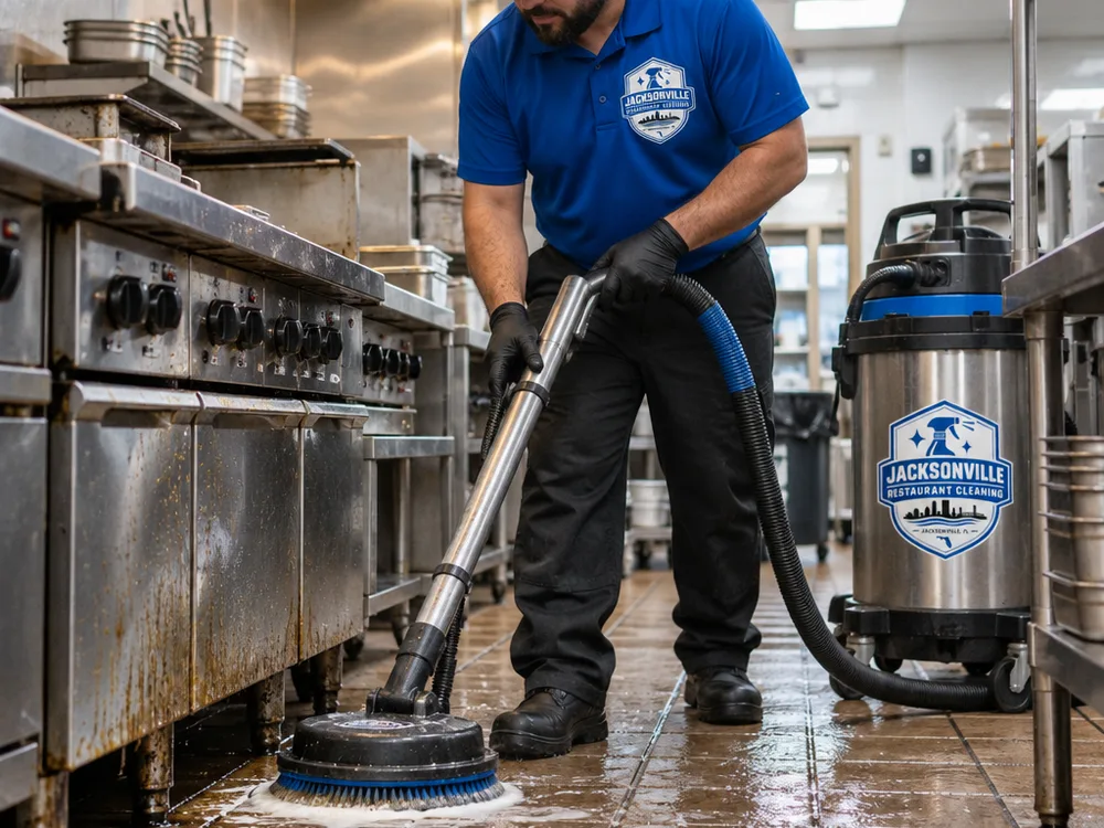 Technician scrubbing greasy grout and floor edges near a commercial cook line with floor equipment and a wet vacuum