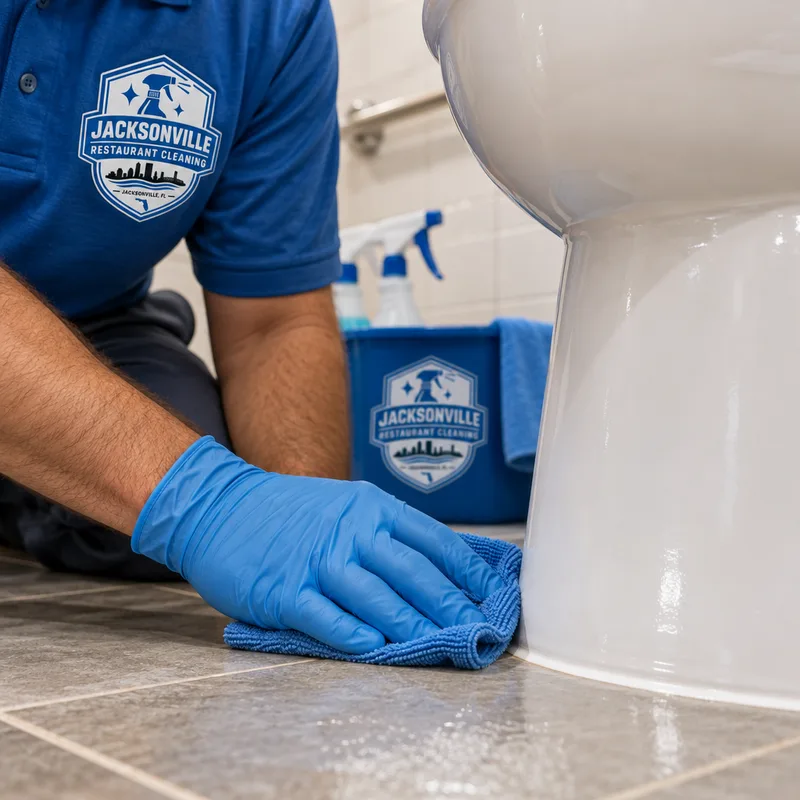 Clean toilet base and surrounding floor edge with detailed caulk lines and corners