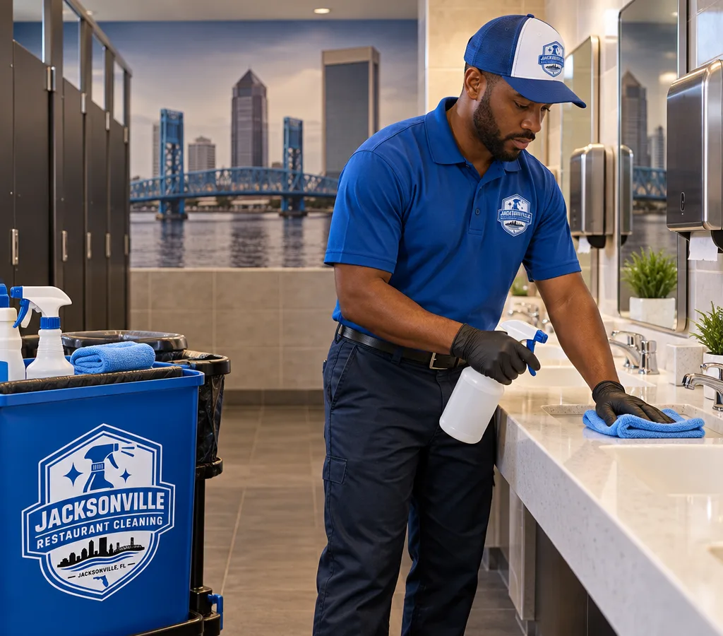 Spotless restaurant restroom with clean sinks, disinfected touchpoints, dry floors, and stocked dispensers
