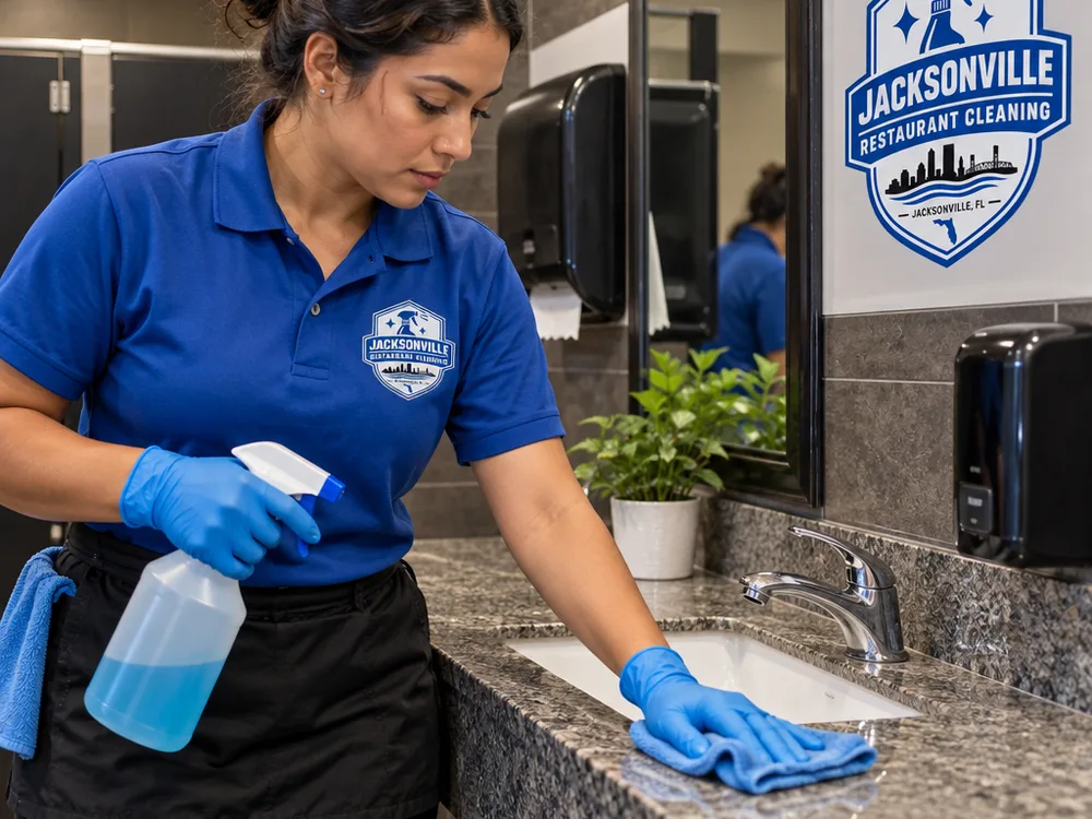 Cleaner wearing gloves disinfecting a commercial restroom sink, dispensers, and mirror