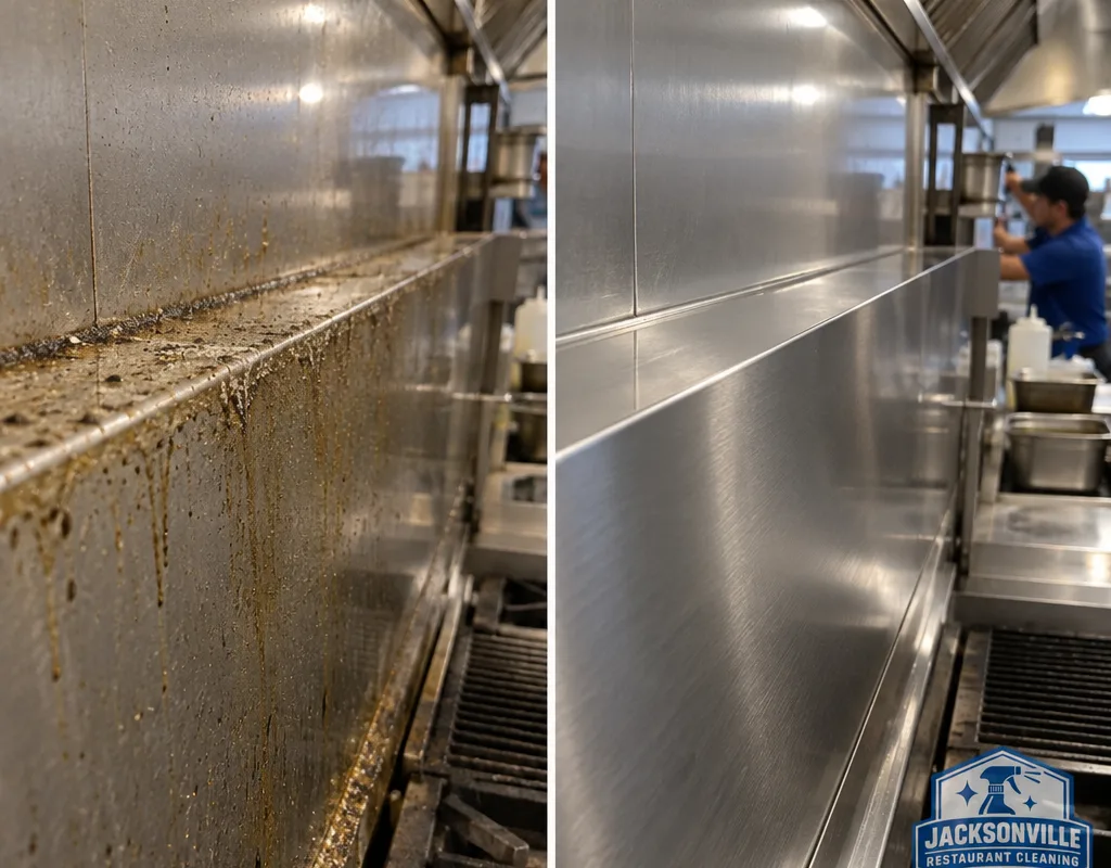 Before and after view of grease and dust removed from the top edge of commercial kitchen wall panels
