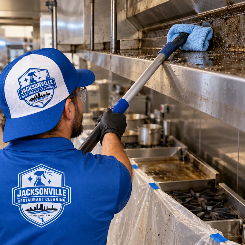 Technician removing grease and dust from a high ledge above a commercial cook line with a long-reach microfiber tool