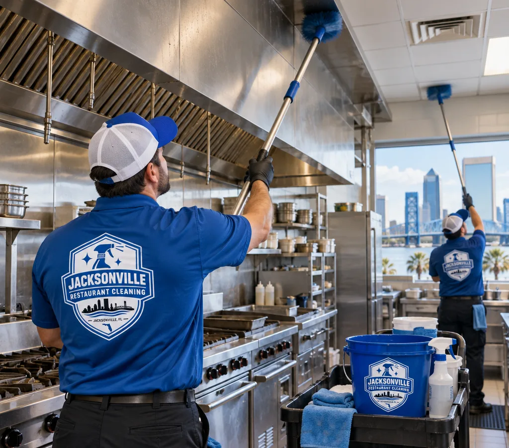 Commercial kitchen technicians using extension tools to high dust above stainless equipment and near ceiling lines
