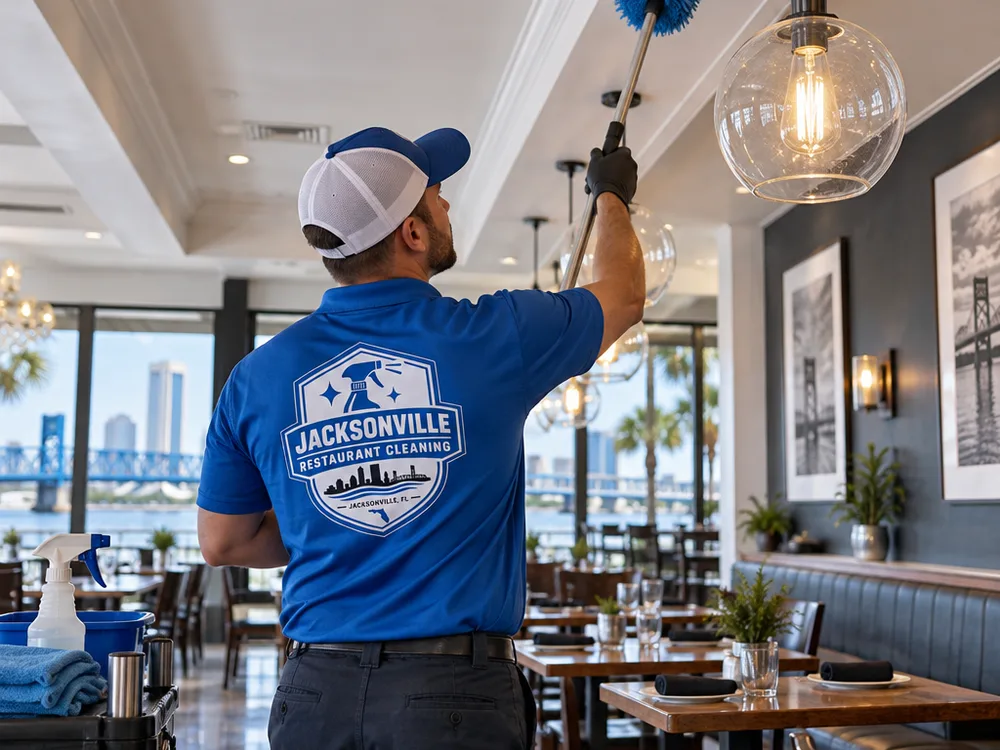 Clean restaurant dining room ceiling line and light fixture exteriors after high dusting