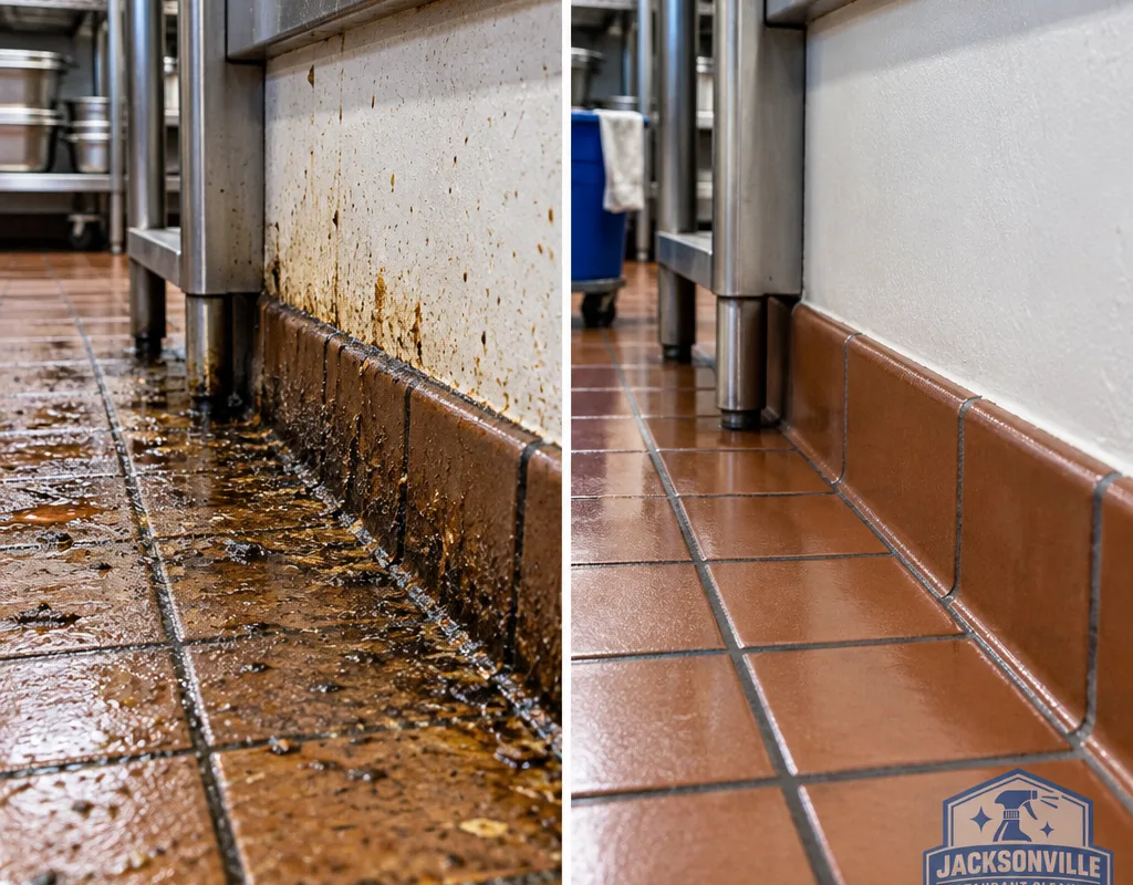 Before-and-after view of a greasy kitchen floor edge and cove base after detailed scrubbing
