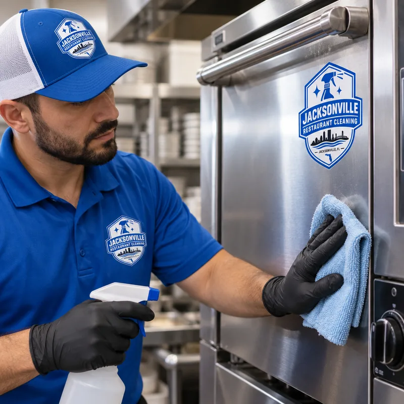 Technician cleaning a stainless restaurant equipment exterior with a non-abrasive cleaner and cloth