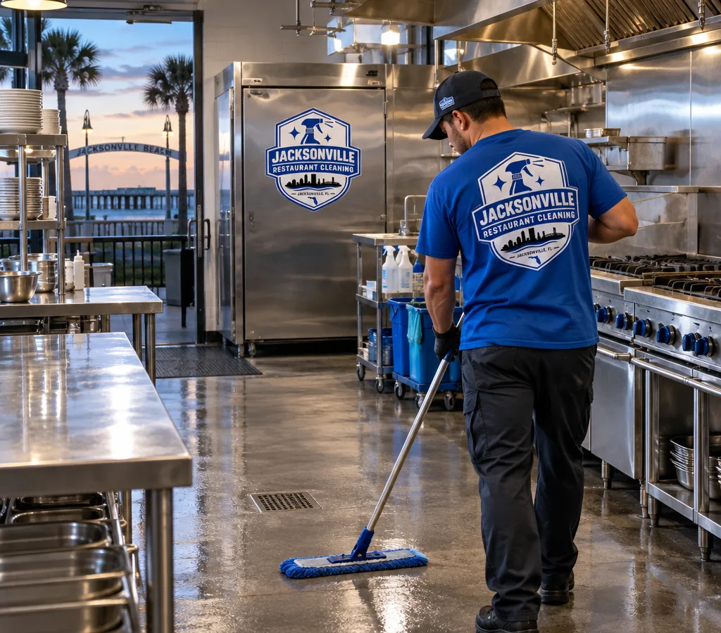 After-hours Jacksonville Beach restaurant kitchen with clean stainless prep tables, hood line, and dry floors