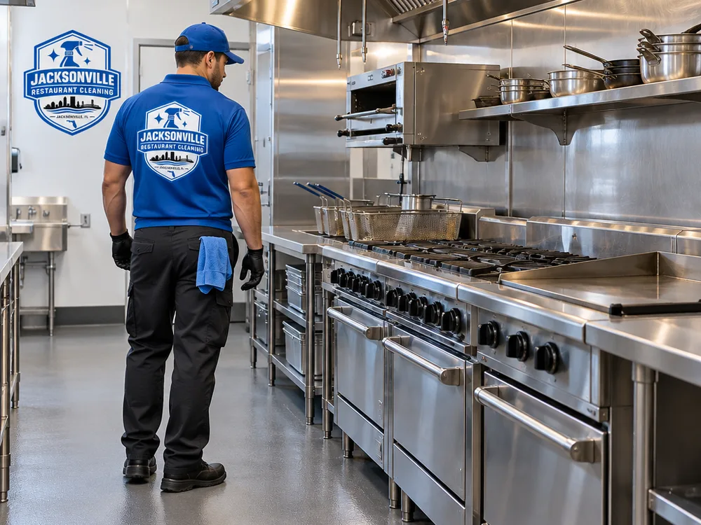 Commercial kitchen cook line after cleaning with polished stainless surfaces and a clean dry floor