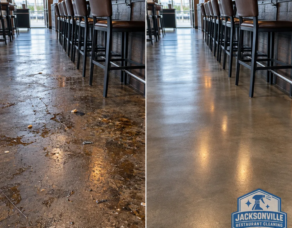 Before-and-after comparison of a sticky bar floor section restored to a clean even surface