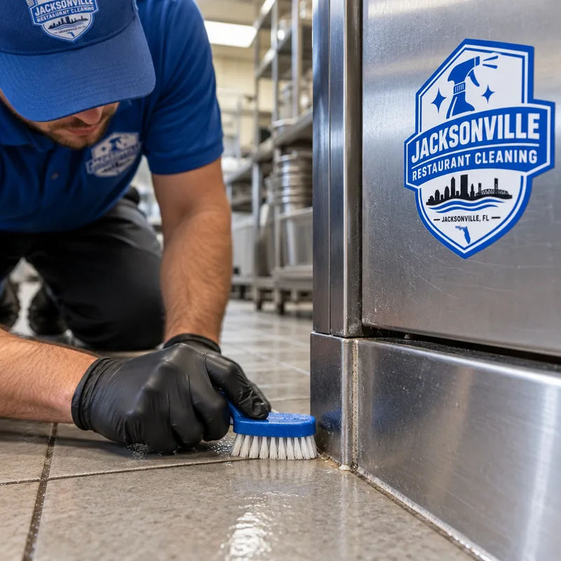 Freshly cleaned commercial kitchen floor edge and corner with clear grout lines and no grease residue