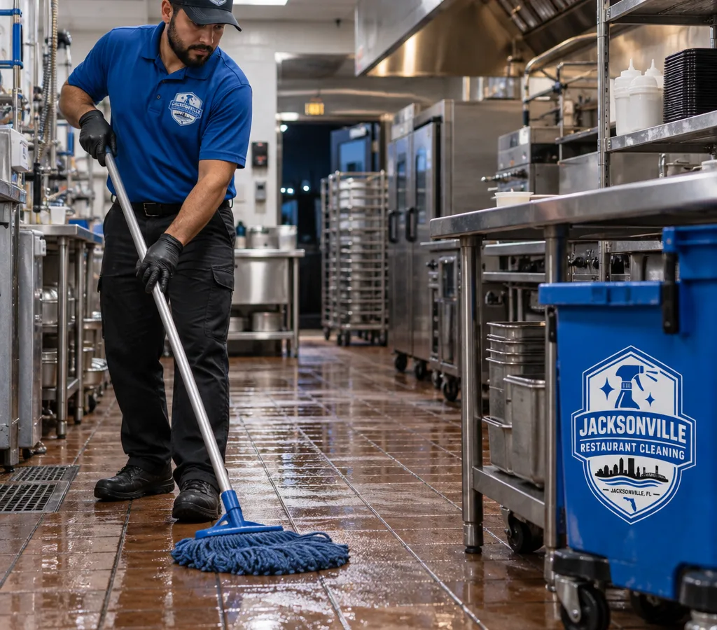 After-hours cleaner mopping a commercial restaurant kitchen with stainless prep tables and closed equipment
