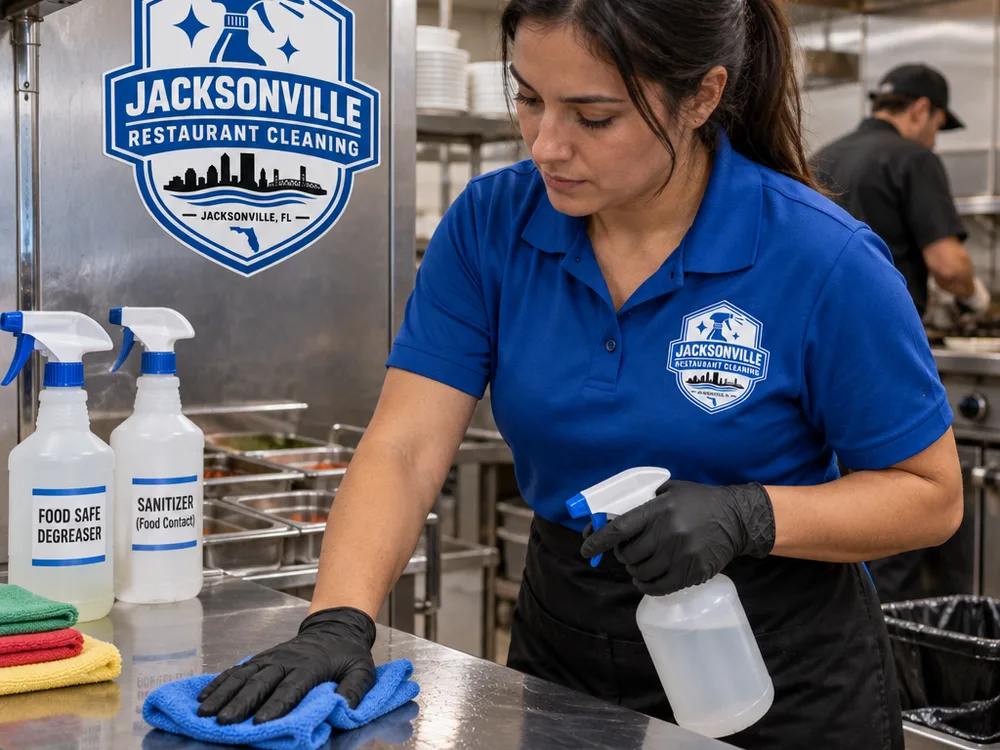 Cleaner degreasing stainless steel near a prep line using labeled bottles and color-coded microfiber cloths
