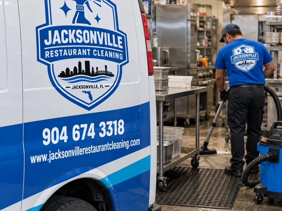 Technician staging wet-floor signage and hoses before degreasing a restaurant back-of-house floor