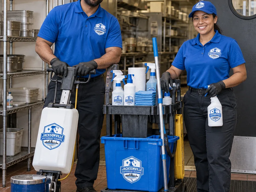 Two-person restaurant cleaning crew staging commercial supplies and equipment