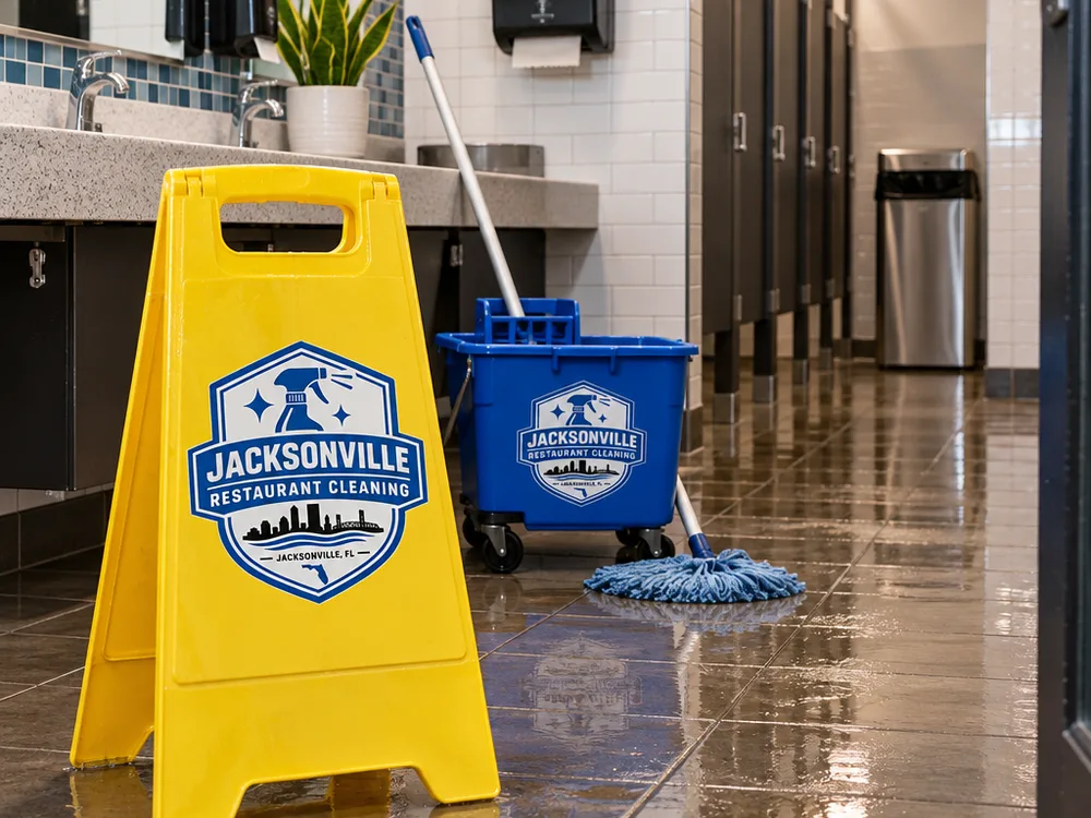 Clean restaurant dish area with clear sinks, floor drains, edges, and wiped high-touch surfaces